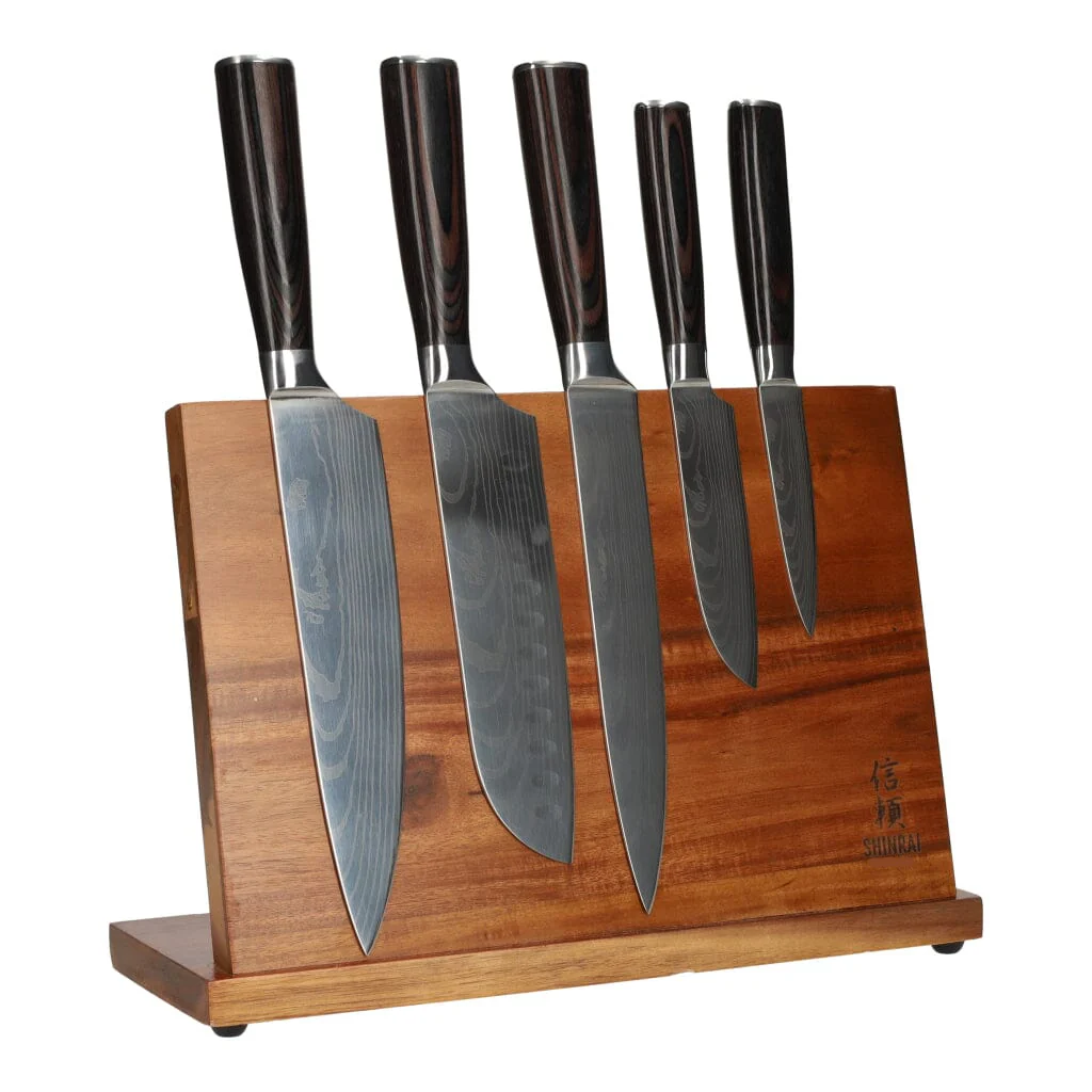 Shinrai Knives – Damascus Print 5-piece + Magnetic Knife Block Single-sided