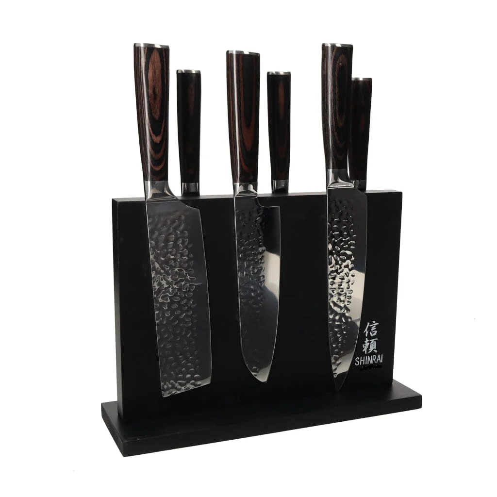 Shinrai Knives – Hammered Stainless Steel 6-Piece Knife Set + Magnetic Knife Block Double-Sided – Black