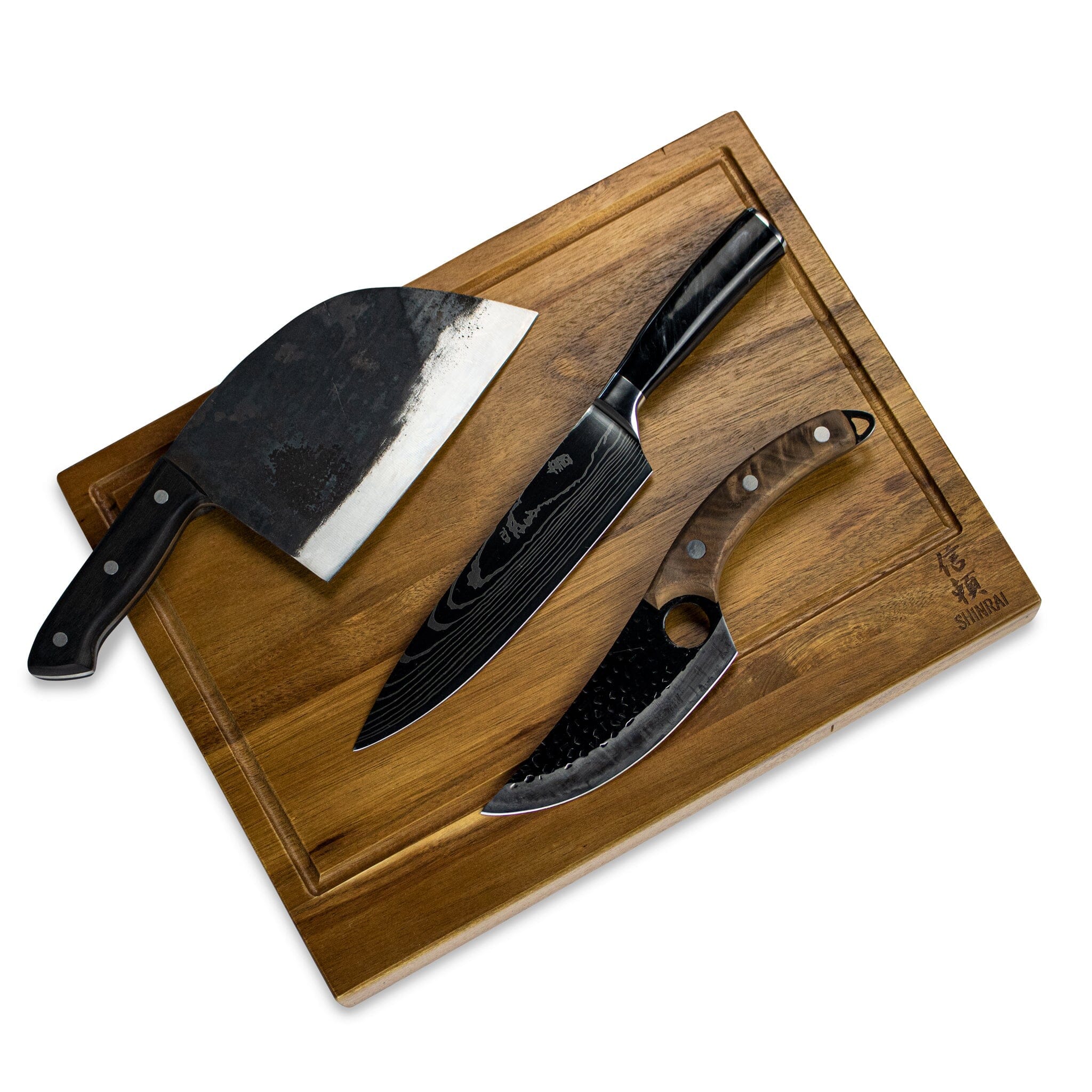 Shinrai Knives – 3 Brown Knives + Cutting Board