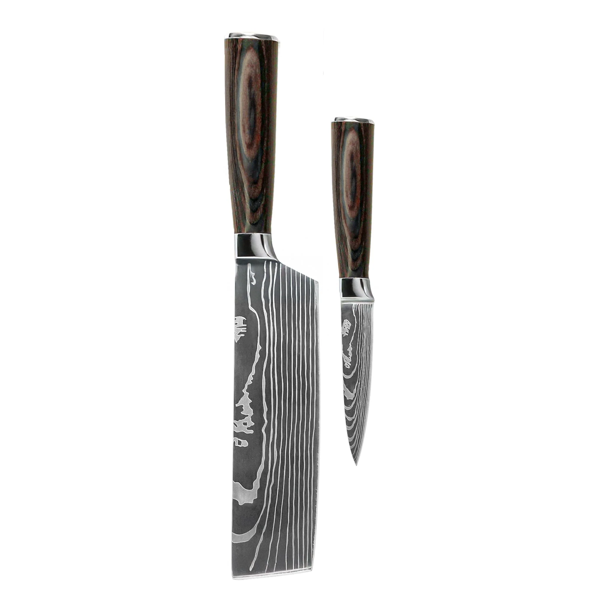 Shinrai Knives – Damascus Print 2-piece Knife Set – Nakiri + Paring Knife