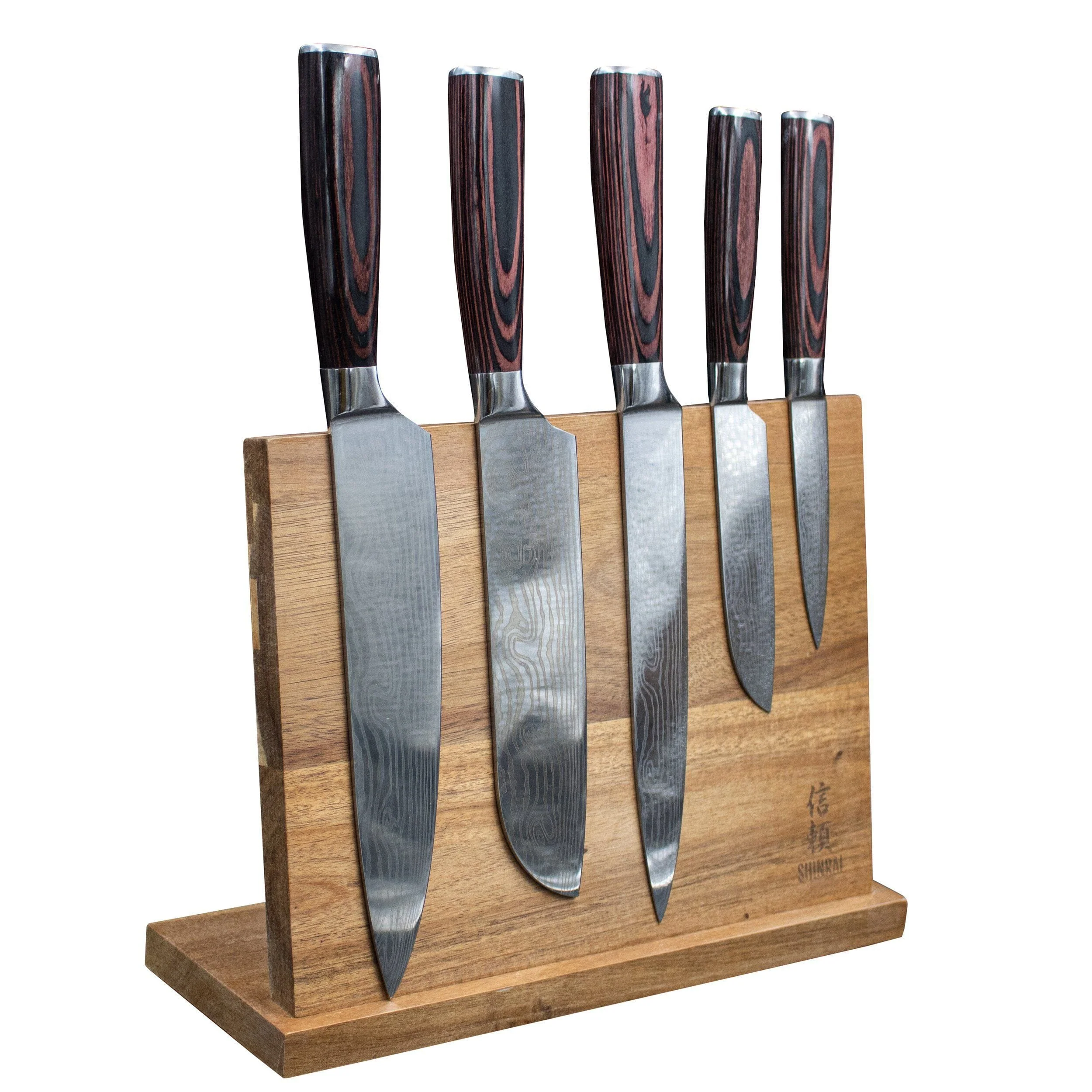 Shinrai Knives – Damascus Print 5-Piece Knife Set + Magnetic Knife Block Double Sided