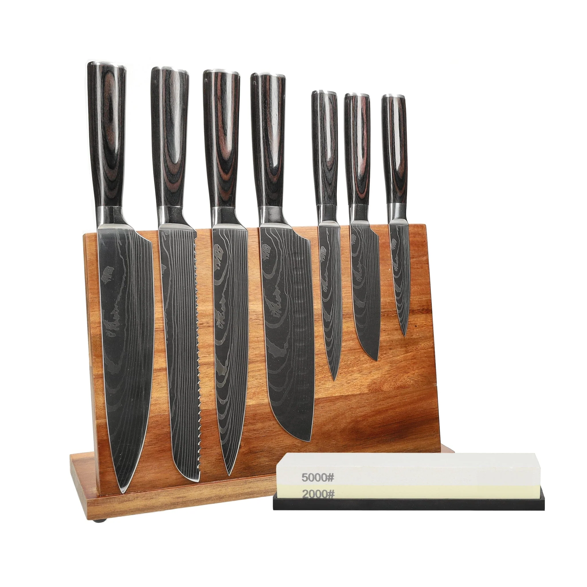 Shinrai Knives – Damascus Print 7-Piece Knife Set + Knife Block + Sharpening Stone