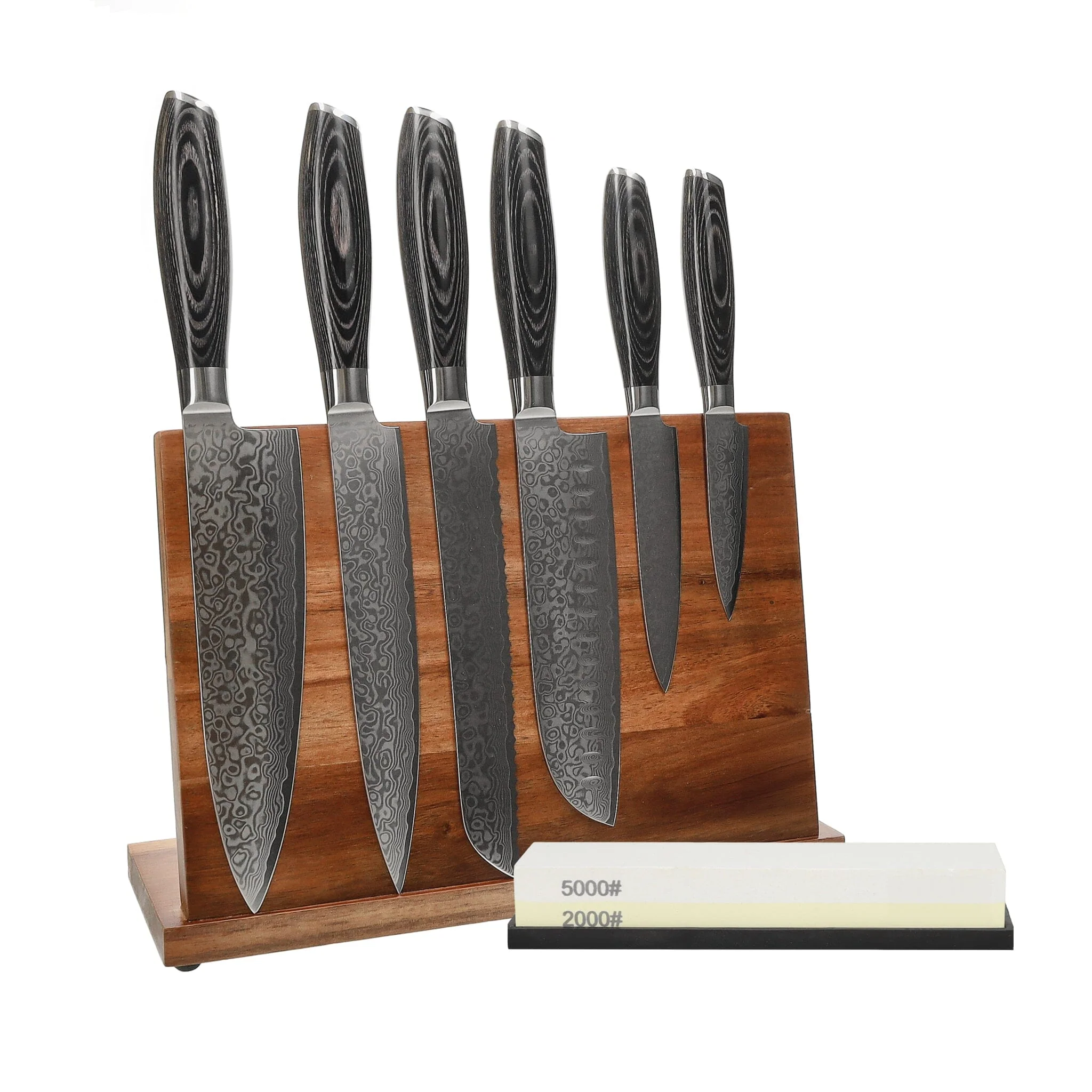 Shinrai Knives – Damask Pakka Wood 6-Piece Knife Set + Knife Block + Sharpening Stone