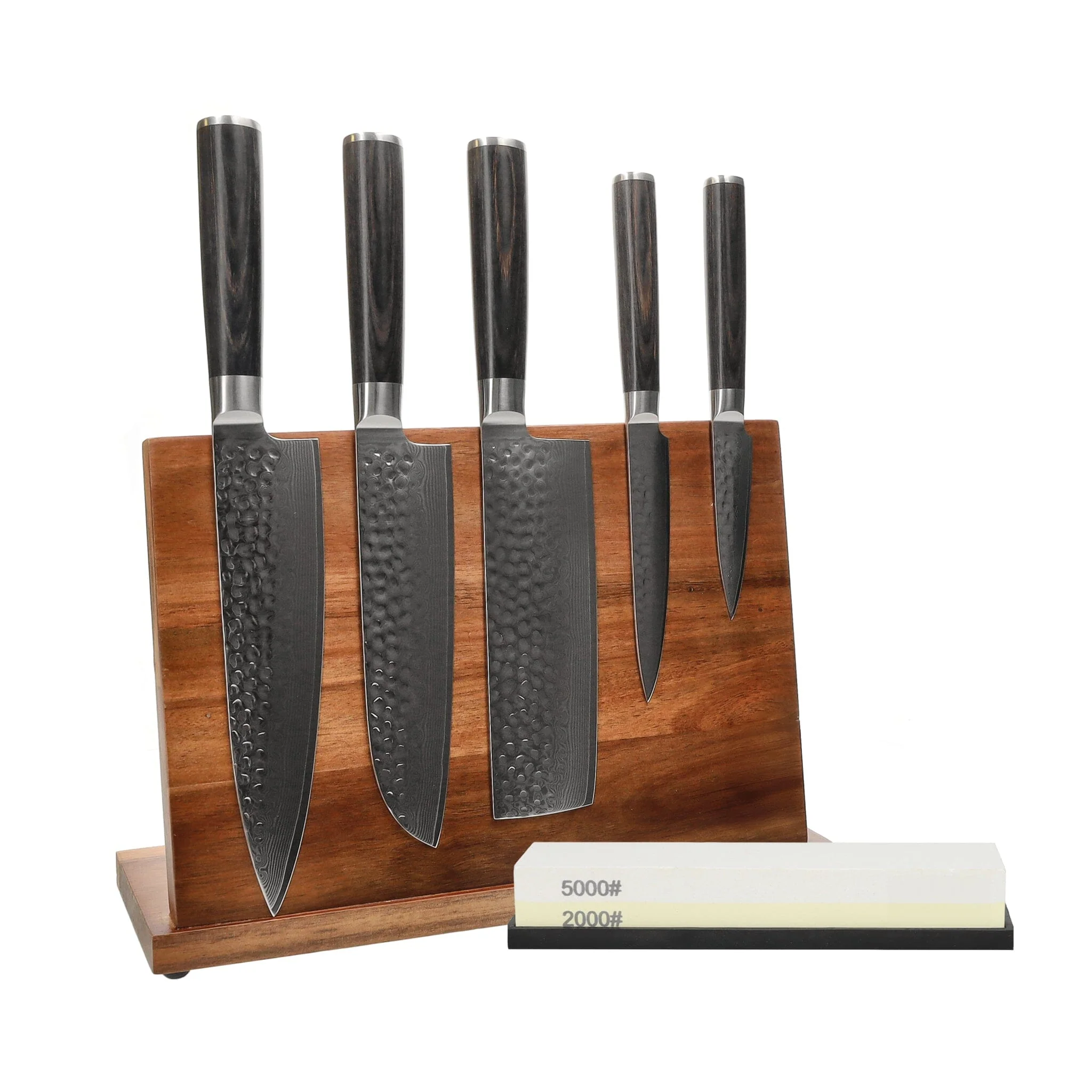 Shinrai Knives – Hammered Damask BR 5-Piece Knife Set + Knife Block + Sharpening Stone