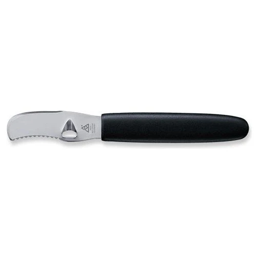 TRIANGLE RVS Sinaasappel- fruit- pompoen- schilmesje met glad + kartel zwart heft TRIANGLE RVS Sinaasappel- fruit- pompoen- schilmesje met glad + kartel zwart heft