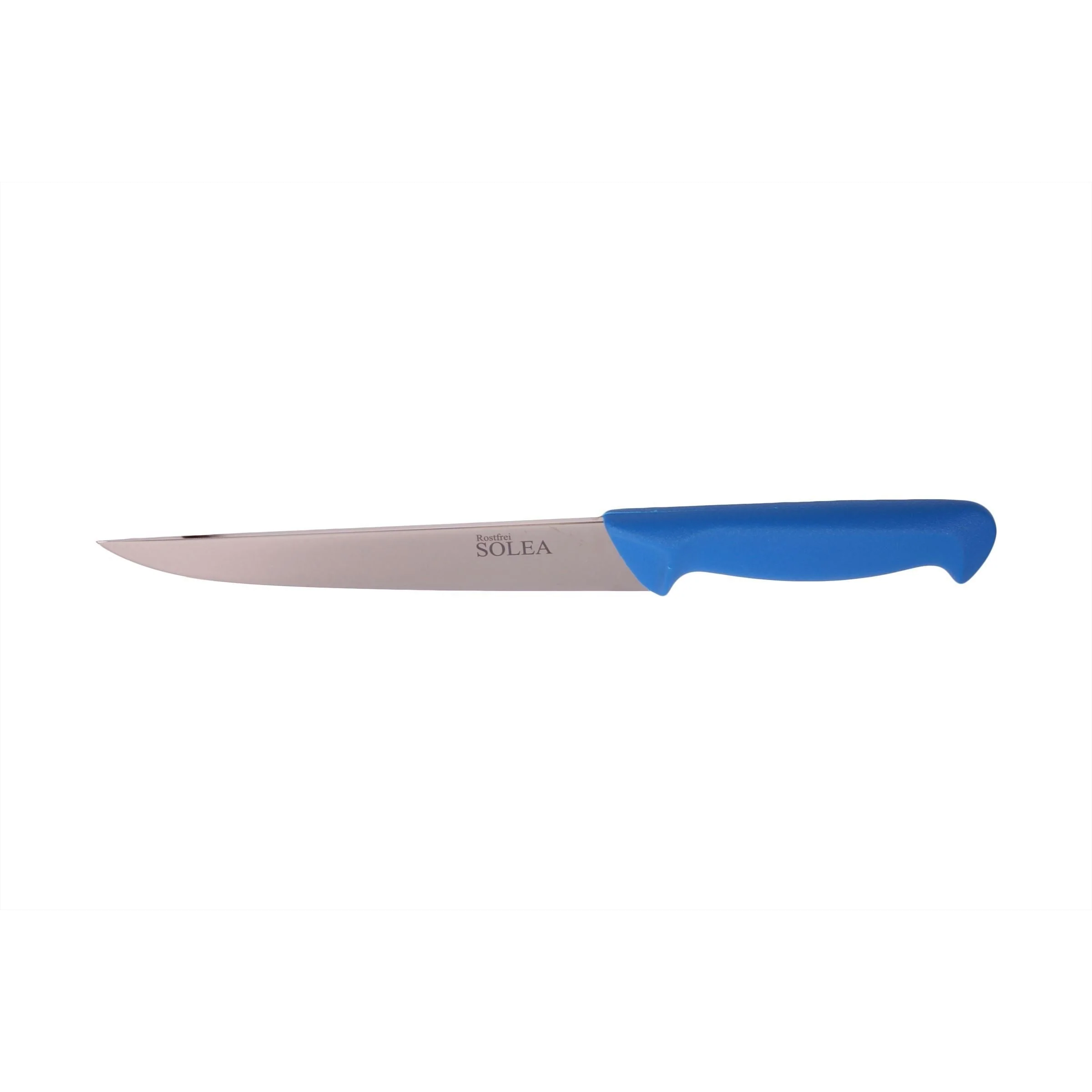 SOLEA roestvrijstalen Steek- slagersmes, lang, smal en stevig lemmet lengte 19,5 cm met blauw kunststof heft voor specifieke slagers werkzaamheden