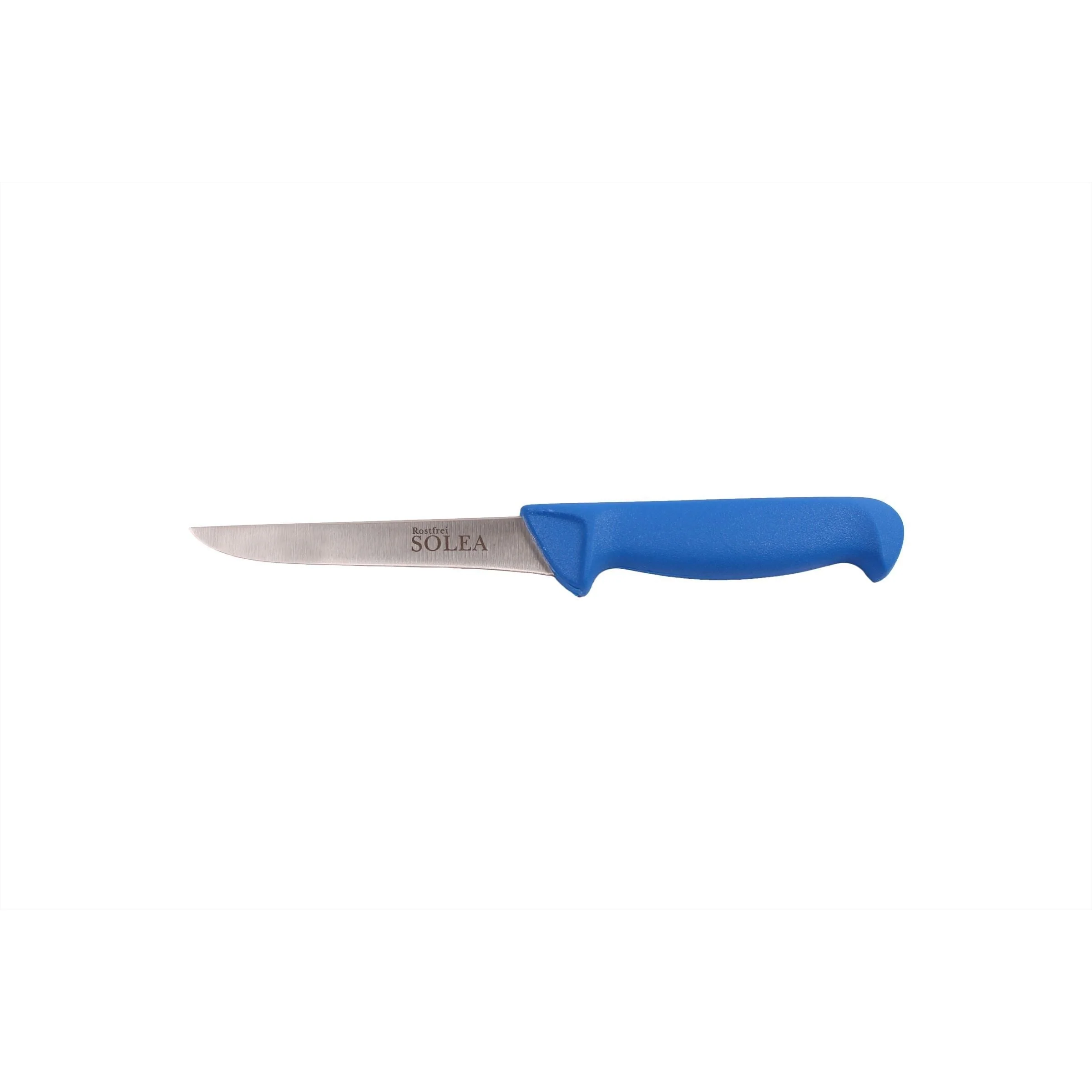 Solea roestvrijstalen slagers- uitbeenmes met stevig, slank lemmet lengte 12,5cm met blauw kunststof ant slip heft