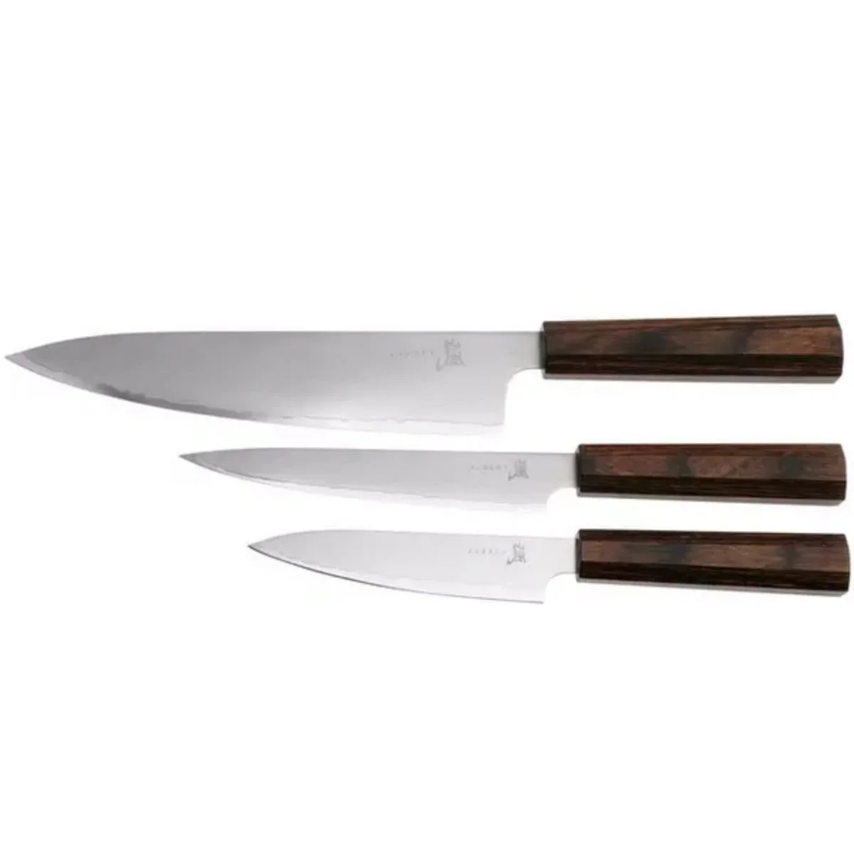 YAXELL serie HANA 3 delige damast messenset met bruin  pakkawood achthoekig heft