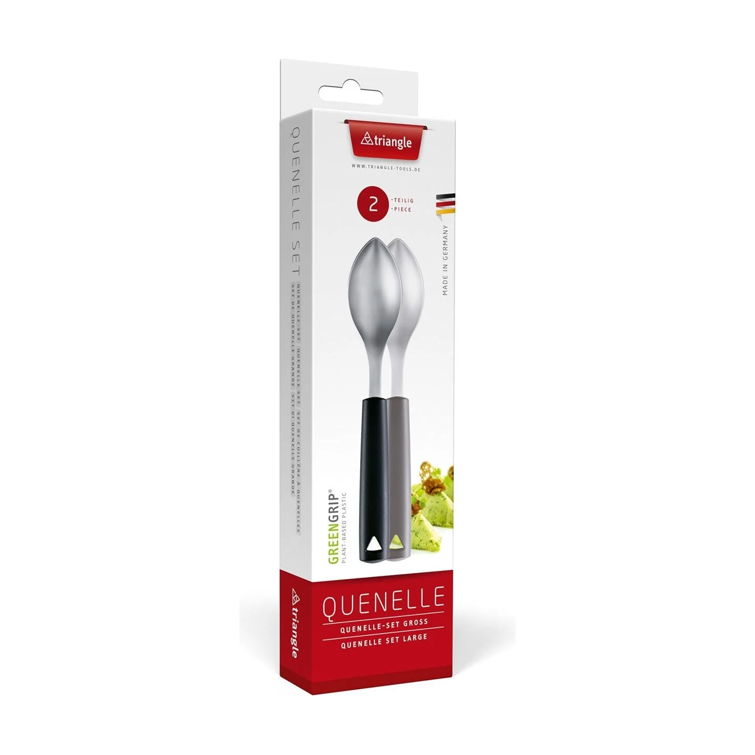 TRIANGLE RVS Quenelle set 2x lepel 8cm – deeg – vis – vlees – ijs – met zwart kunststof heft