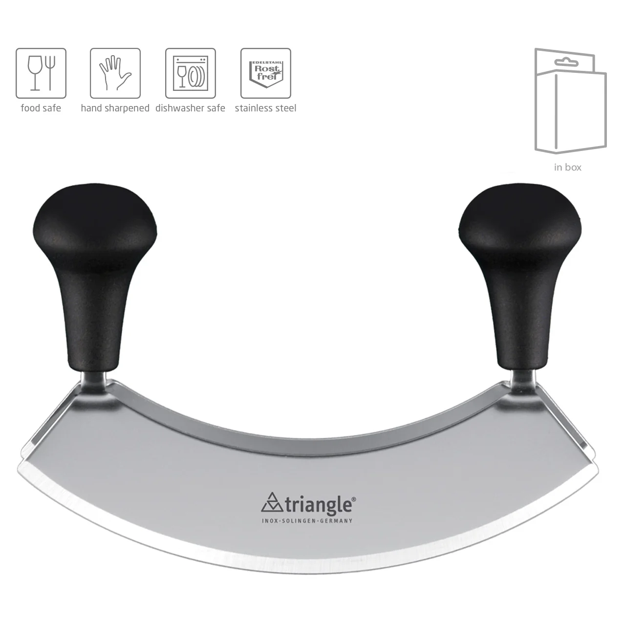 TRIANGLE roestvrijstalen professionele Wiegemes – dubbel lemmet 18cm – noten – kruiden – zwart heft